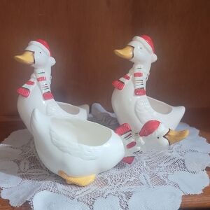 Vintage Frankel Holiday Duck Planter Figurines with Santa Hats